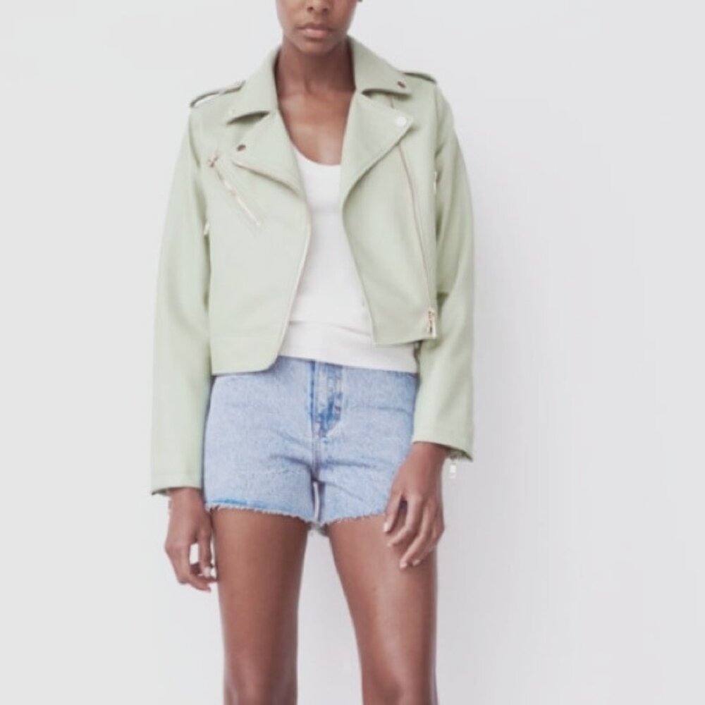 Zara L  FAUX LEATHER JACKET Mint Green/ Sage Green Silver Zips